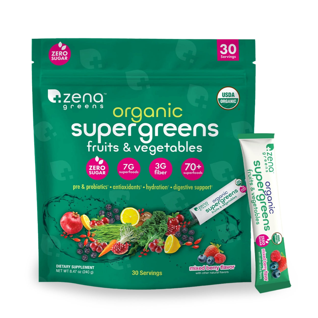 Zena Nutrition Organic Super Greens Powder 30 Drink Mix Packets